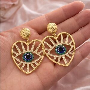 Gold Heart Earrings with Evil Eye Design